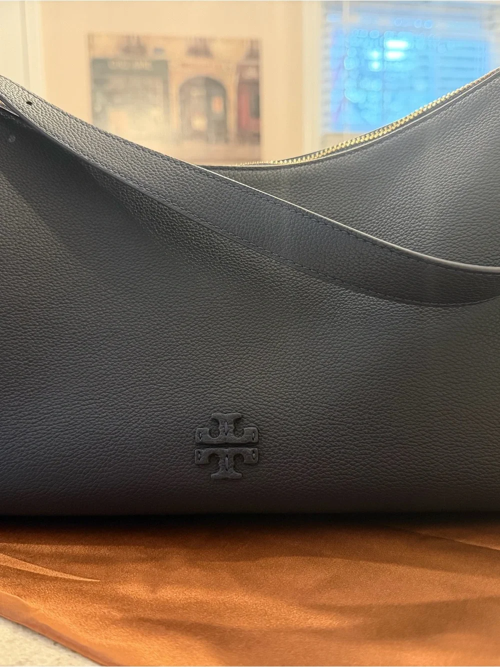 Tory Burch Blue Pebbled Leather Hobo Shoulder Bag with Embossed Logo
